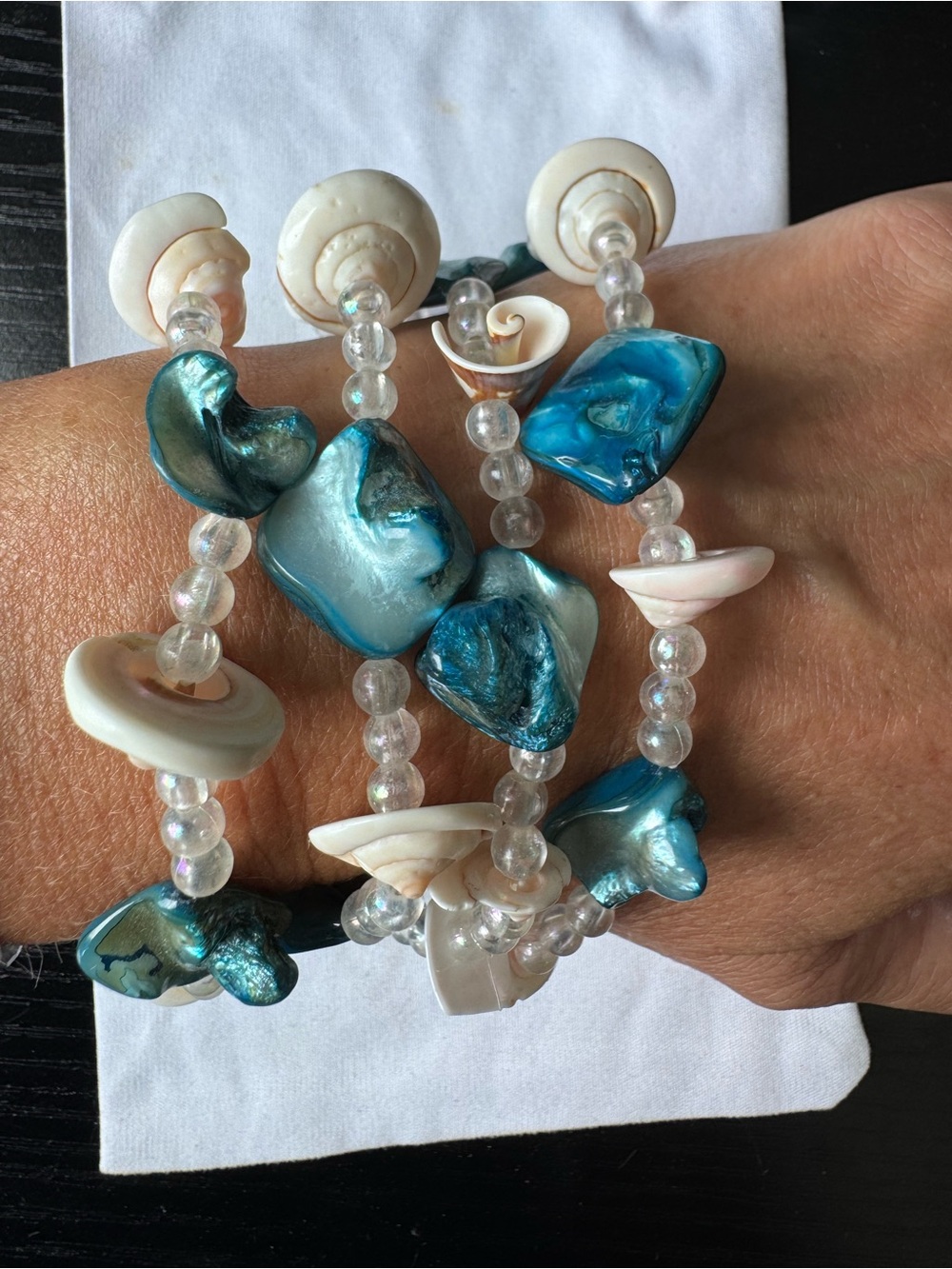 Turquoise & White Shell Elastic Multi-Strand Bracelet or Necklacr